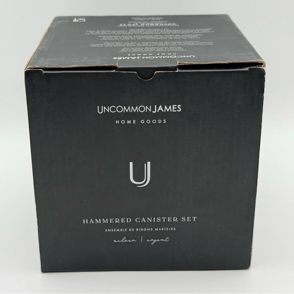 2 Piece Uncommon James Silver Hammered Canister Set w/Wood Lids 45oz & 25oz NEW